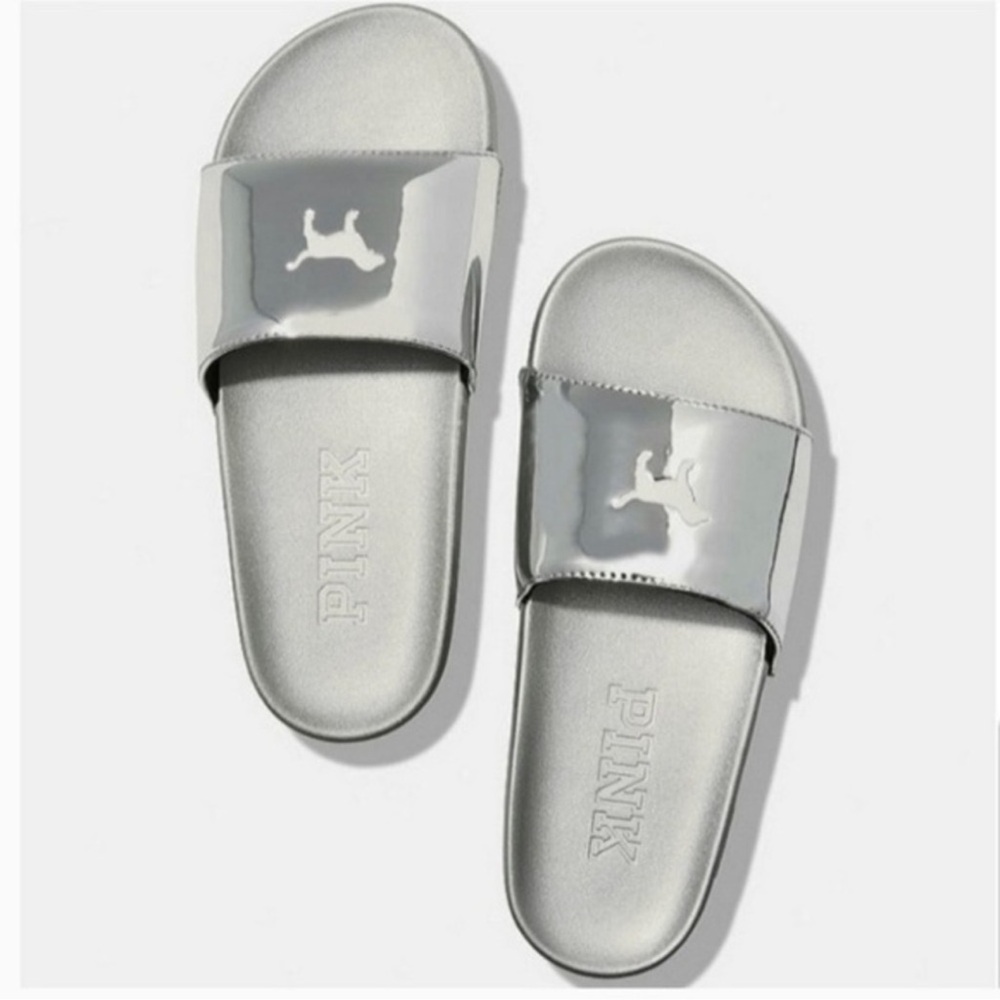 NWT VS PINK M(7/8) HTF SILVER SLIDES